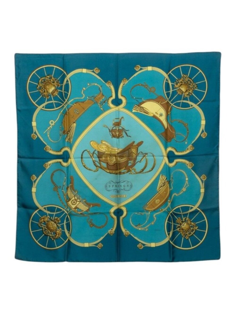 Hermes Carre 90 Spring Scarf Blue Gold Silk